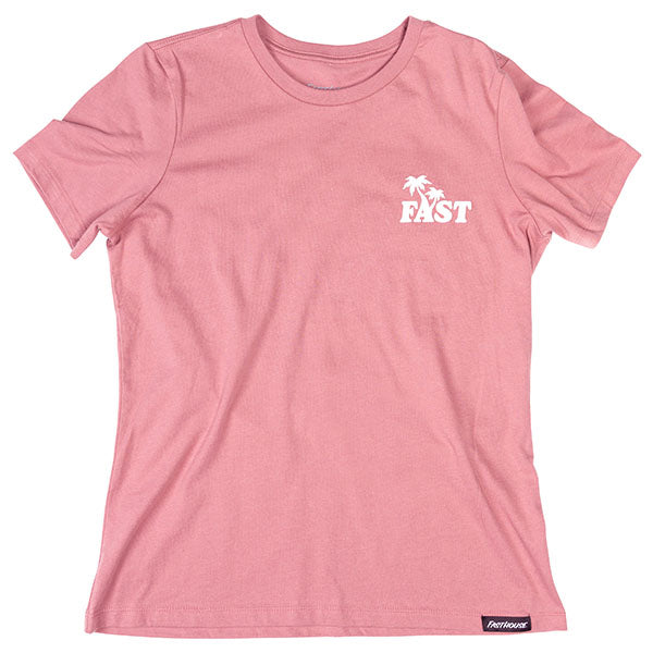 Studio photo on a white background of Fasthouse Vacay Tee (Womens); showing tee fit, printed graphics, and crew neckline; SKU 32116319; Colors: Mauve