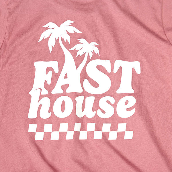 Clean studio shot of Fasthouse Vacay Tee (Womens); showing tee fit, printed graphics, and crew neckline; SKU 32116319; Colors: Mauve; Sizes: S-2XL