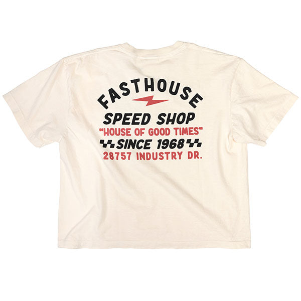 Professional studio photo of Fasthouse Junction Crop Tee (Womens); showing tee fit, printed graphics, and crew neckline; SKU 32116890; Colors: Ivory