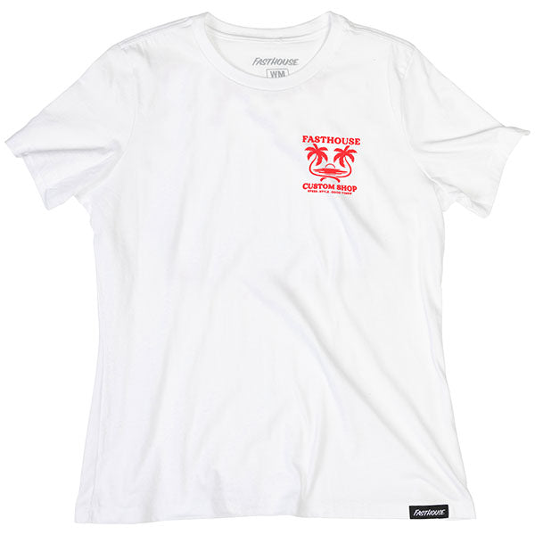 High-resolution studio image of Fasthouse Getaway Tee (Womens); showing tee fit, printed graphics, and crew neckline; SKU 32116009; Colors: White