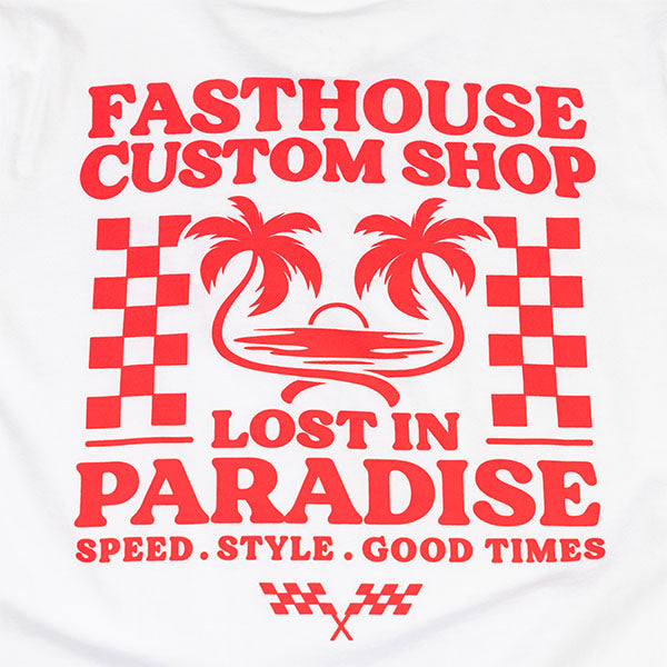 Studio photo on a white background of Fasthouse Getaway Tee (Womens); showing tee fit, printed graphics, and crew neckline; SKU 32116009; Colors: White