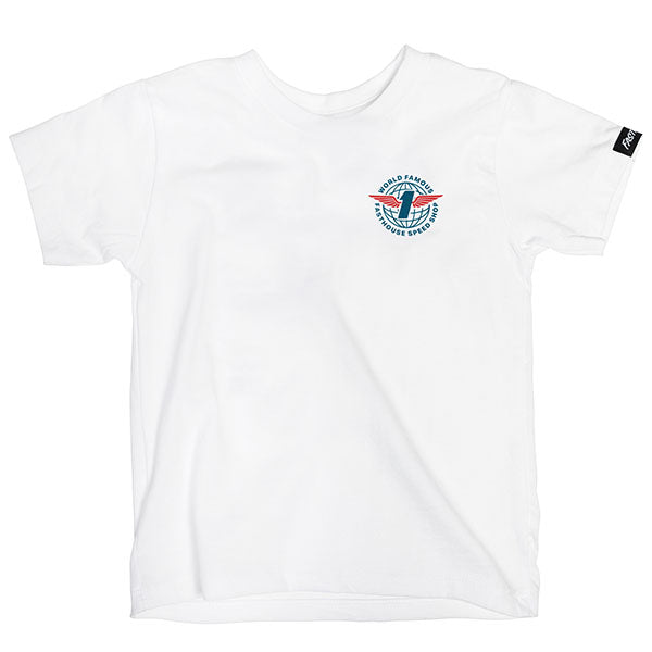 High-resolution studio image of Fasthouse Renown Tee (Toddler); showing tee fit, printed graphics, and crew neckline; SKU 32116990; Colors: White