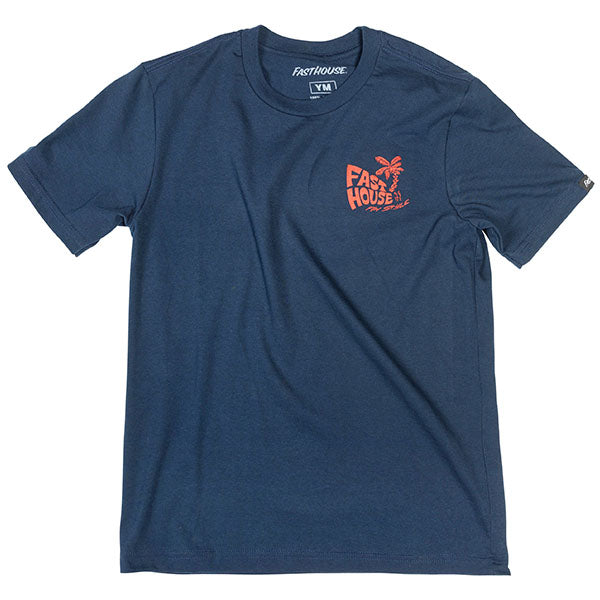 High-resolution studio image of Fasthouse Explorer Tee (Youth); showing tee fit, printed graphics, and crew neckline; SKU 32114802; Colors: Midnight Navy