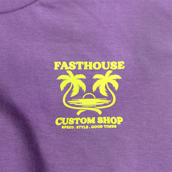 Clean studio shot of Fasthouse Getaway Tee (Youth); showing tee fit, printed graphics, and crew neckline; SKU 32116020; Colors: Purple Rush