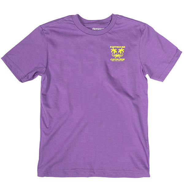 Studio photo on a white background of Fasthouse Getaway Tee (Youth); showing tee fit, printed graphics, and crew neckline; SKU 32116020
