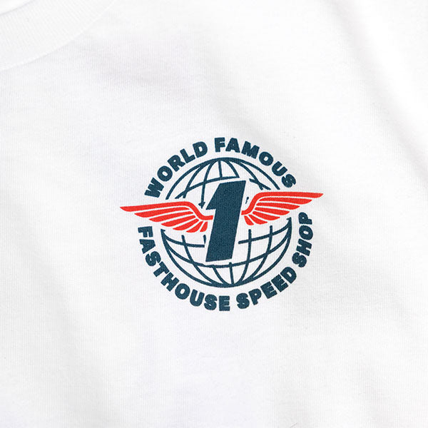 Studio photo on a white background of Fasthouse Renown Tee (Youth); showing tee fit, printed graphics, and crew neckline; SKU 32116909; Colors: White