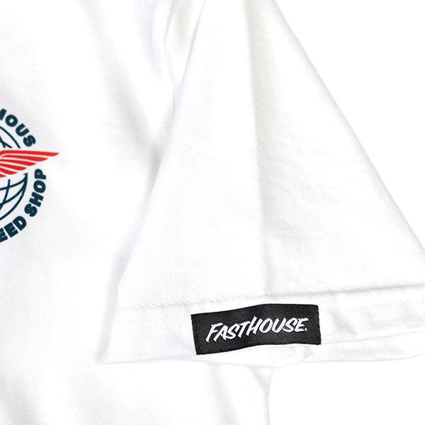 Clean studio shot of Fasthouse Renown Tee (Youth); showing tee fit, printed graphics, and crew neckline; SKU 32116909; Colors: White