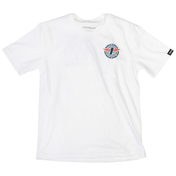 High-resolution studio image of Fasthouse Renown Tee (Youth); showing tee fit, printed graphics, and crew neckline; SKU 32116909; Colors: White