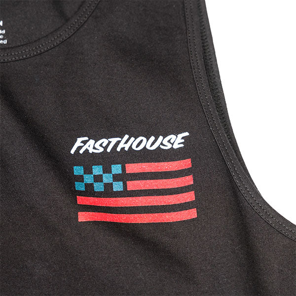 Professional studio photo of Fasthouse Liberty Tank; showing sleeveless cut, hem shape, and printed or woven branding; SKU 32116250; Colors: Black