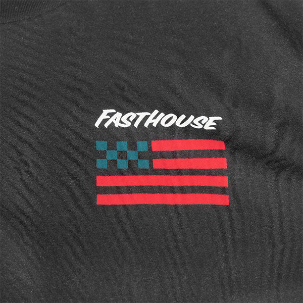 Clean studio shot of Fasthouse Liberty Tee; showing tee fit, printed graphics, and crew neckline; SKU 3211620504; Colors: Black, White; Sizes: S-3XL