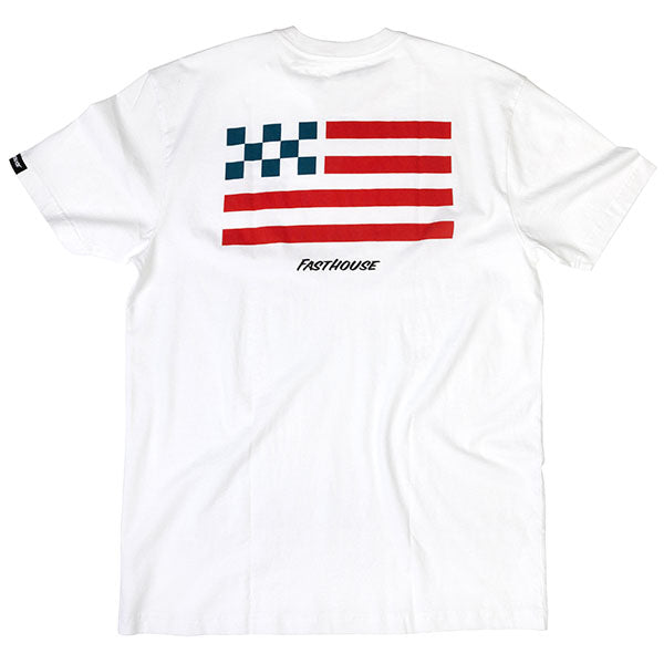 Crisp studio image on a white background of Fasthouse Liberty Tee; showing tee fit, printed graphics, and crew neckline; SKU 3211620504; Sizes: S-3XL