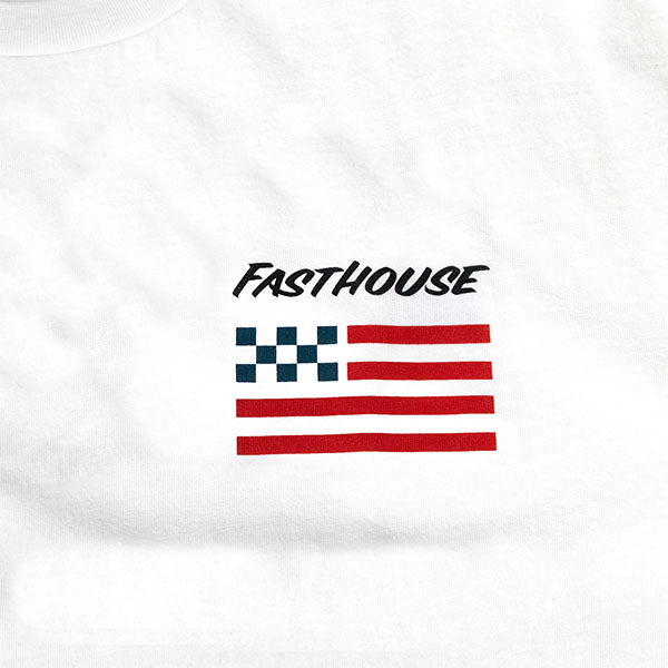 High-resolution studio image of Fasthouse Liberty Tee; showing tee fit, printed graphics, and crew neckline; SKU 3211620504; Colors: Black, White