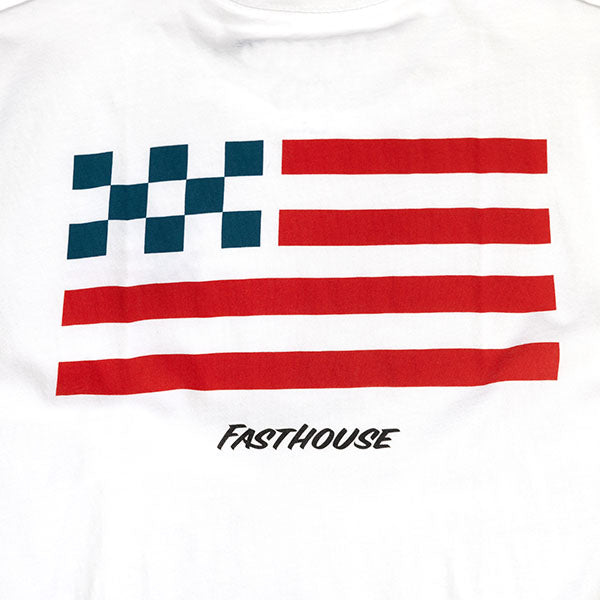 Studio photo on a white background of Fasthouse Liberty Tee; showing tee fit, printed graphics, and crew neckline; SKU 3211620504; Colors: Black, White