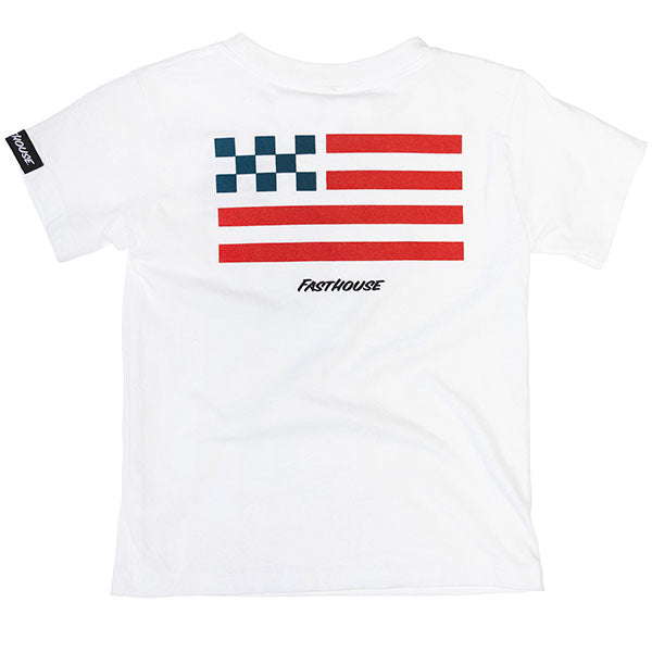 High-resolution studio image of Fasthouse Liberty Tee (Toddler); showing tee fit, printed graphics, and crew neckline; SKU 32116299; Colors: White