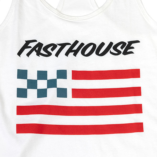 Professional studio photo of Fasthouse Liberty Tank Top (Womens); showing sleeveless cut, hem shape, and printed or woven branding; SKU 32116209