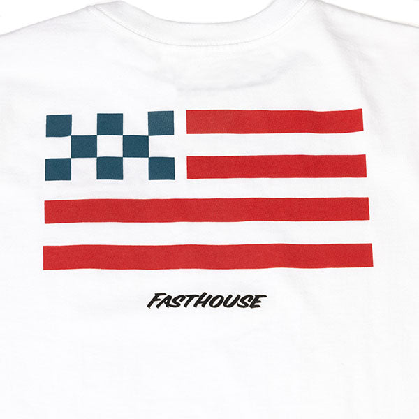 Clean studio shot of Fasthouse Liberty Tee (Youth); showing tee fit, printed graphics, and crew neckline; SKU 32116209; Colors: White