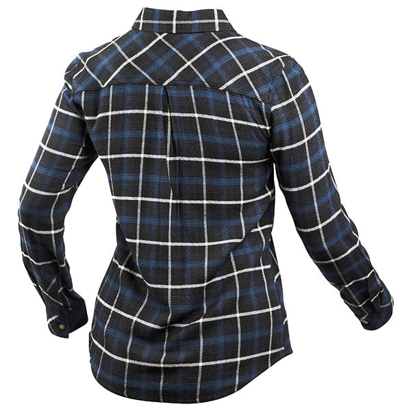 Studio photo on a white background of Fasthouse Honey Flannel (Womens); showing flannel shirt fit, button front, and plaid pattern; SKU 32381130