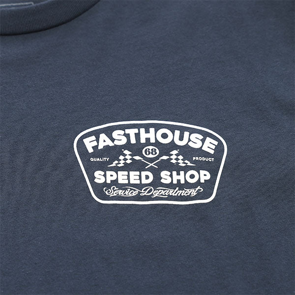 Studio photo on a white background of Fasthouse Wedged Tee; showing tee fit, printed graphics, and crew neckline; SKU 3210000504; Sizes: S-3XL