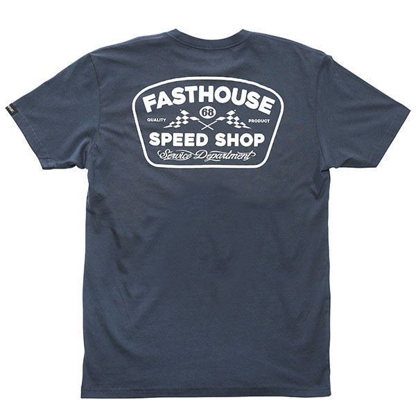 Crisp studio image on a white background of Fasthouse Wedged Tee; showing tee fit, printed graphics, and crew neckline; SKU 3210000504; Sizes: S-3XL