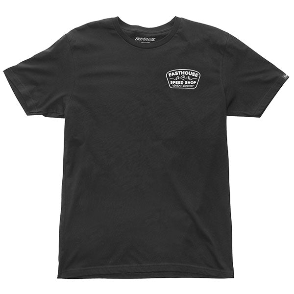 Clean studio shot of Fasthouse Wedged Tee; showing tee fit, printed graphics, and crew neckline; SKU 3210000504; Colors: Black, Indigo, Vintage Gold