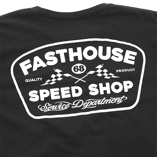 Crisp studio image on a white background of Fasthouse Wedged Tee; showing tee fit, printed graphics, and crew neckline; SKU 3210000504; Sizes: S-3XL