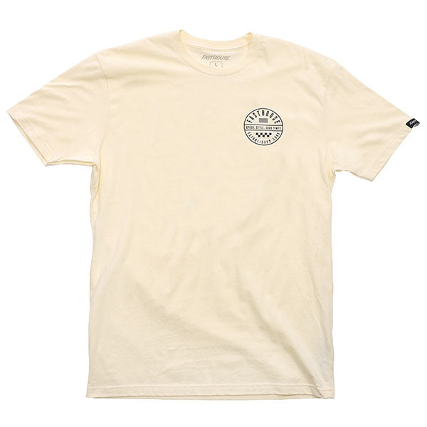 Clean studio shot of Fasthouse Statement Tee; showing tee fit, printed graphics, and crew neckline; SKU 3210137004; Colors: Gunmetal, Black, Natural