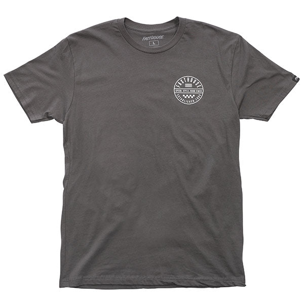 Crisp studio image on a white background of Fasthouse Statement Tee; showing tee fit, printed graphics, and crew neckline; SKU 3210137004; Sizes: S-3XL