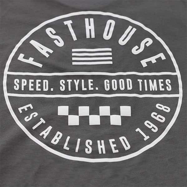 Studio photo on a white background of Fasthouse Statement Tee; showing tee fit, printed graphics, and crew neckline; SKU 3210137004; Sizes: S-3XL
