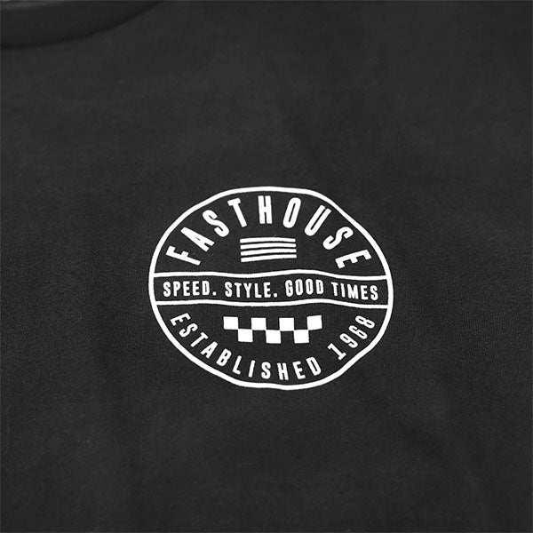 Crisp studio image on a white background of Fasthouse Statement Tee; showing tee fit, printed graphics, and crew neckline; SKU 3210137004; Sizes: S-3XL
