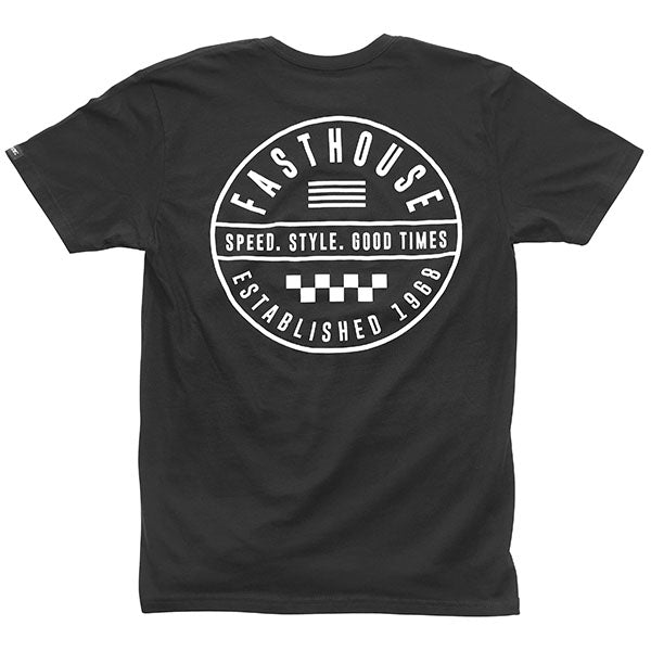 Clean studio shot of Fasthouse Statement Tee; showing tee fit, printed graphics, and crew neckline; SKU 3210137004; Colors: Gunmetal, Black, Natural