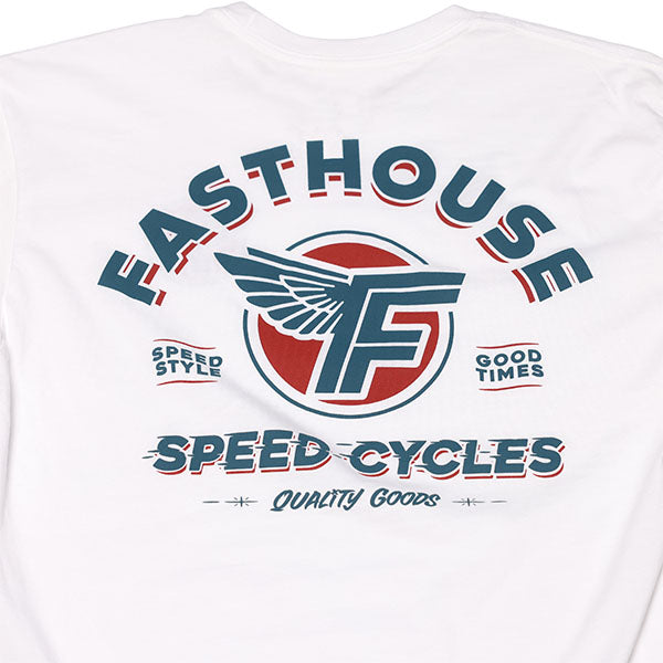 High-resolution studio image of Fasthouse Malen Tee; showing tee fit, printed graphics, and crew neckline; SKU 3210113004; Colors: Navy, Black, White