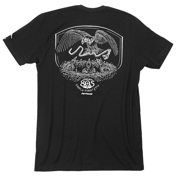 Crisp studio image on a white background of Fasthouse 805 Family First T-Shirt; showing tee fit, printed graphics, and crew neckline; SKU 32180100