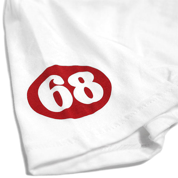 Crisp studio image on a white background of Fasthouse 68 Trick Tee; showing tee fit, printed graphics, and crew neckline; SKU 3215820504; Sizes: S-3XL