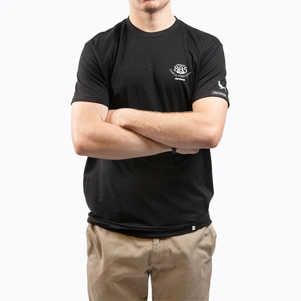 Clean studio shot of Fasthouse 805 Family First T-Shirt; showing tee fit, printed graphics, and crew neckline; SKU 32180100; Colors: Black; Sizes: S-3XL