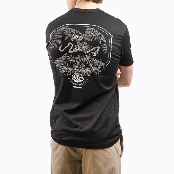 Professional studio photo of Fasthouse 805 Family First T-Shirt; showing tee fit, printed graphics, and crew neckline; SKU 32180100; Colors: Black