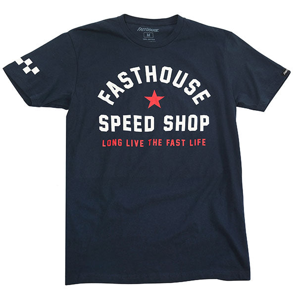 Studio photo on a white background of Fasthouse Fast Life Tee; showing tee fit, printed graphics, and crew neckline; SKU 3212599904; Sizes: S-3XL