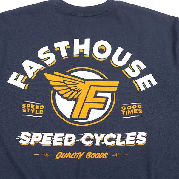 High-resolution studio image of Fasthouse Malen Tee; showing tee fit, printed graphics, and crew neckline; SKU 3210113004; Colors: Navy, Black, White