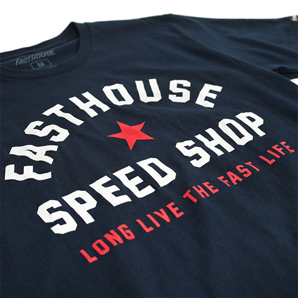 Professional studio photo of Fasthouse Fast Life Tee; showing tee fit, printed graphics, and crew neckline; SKU 3212599904; Sizes: S-3XL
