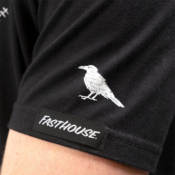 Studio photo on a white background of Fasthouse 805 Family First T-Shirt; showing tee fit, printed graphics, and crew neckline; SKU 32180100
