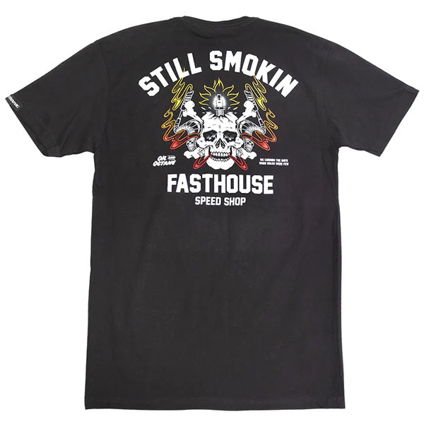 Clean studio shot of Fasthouse Smoke & Octane Tee; showing tee fit, printed graphics, and crew neckline; SKU 32191800; Colors: Black; Sizes: S-3XL