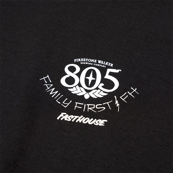 High-resolution studio image of Fasthouse 805 Family First T-Shirt; showing tee fit, printed graphics, and crew neckline; SKU 32180100; Colors: Black
