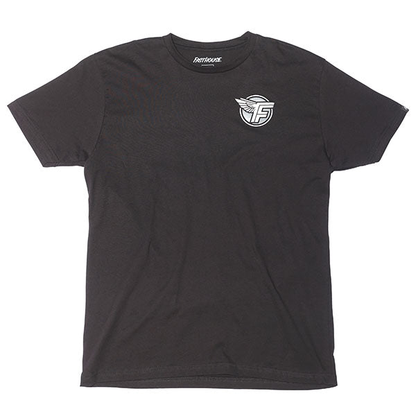 Professional studio photo of Fasthouse Malen Tee; showing tee fit, printed graphics, and crew neckline; SKU 3210113004; Colors: Navy, Black, White