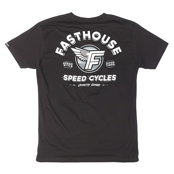 Clean studio shot of Fasthouse Malen Tee; showing tee fit, printed graphics, and crew neckline; SKU 3210113004; Colors: Navy, Black, White; Sizes: S-3XL