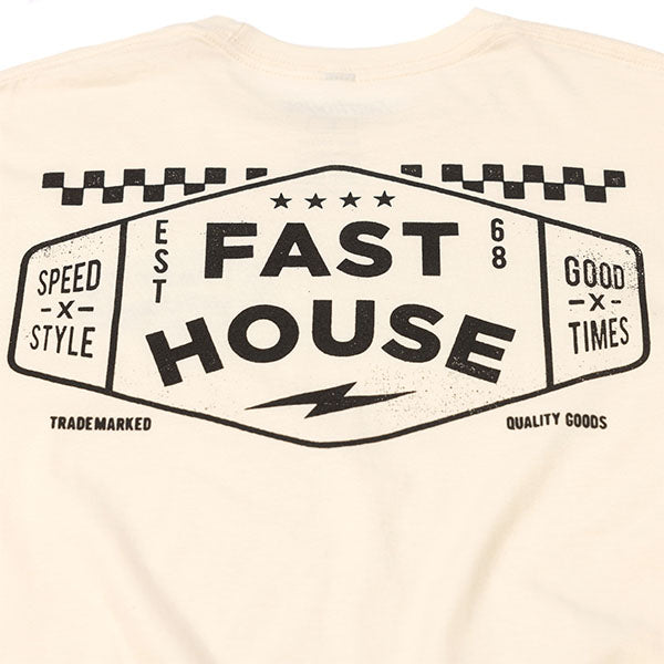 Crisp studio image on a white background of Fasthouse Station Tee; showing tee fit, printed graphics, and crew neckline; SKU 3210126004; Sizes: S-3XL