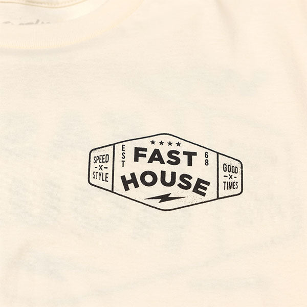 Professional studio photo of Fasthouse Station Tee; showing tee fit, printed graphics, and crew neckline; SKU 3210126004; Colors: Natural, Black