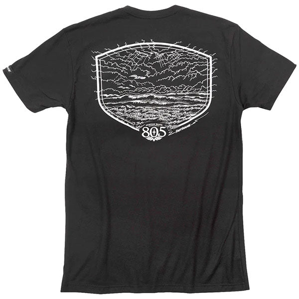 Professional studio photo of Fasthouse 805 Dawn Patrol T-Shirt; showing tee fit, printed graphics, and crew neckline; SKU 32180200; Colors: Black