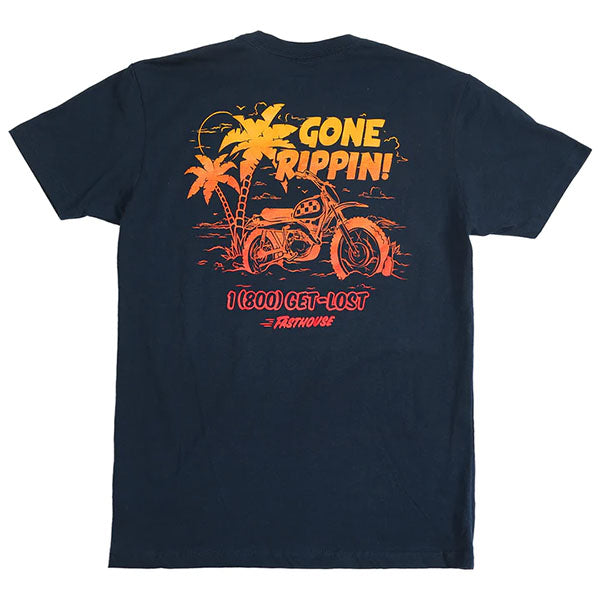 Crisp studio image on a white background of Fasthouse Gone Rippin Tee; showing tee fit, printed graphics, and crew neckline; SKU 32121930; Colors: Navy
