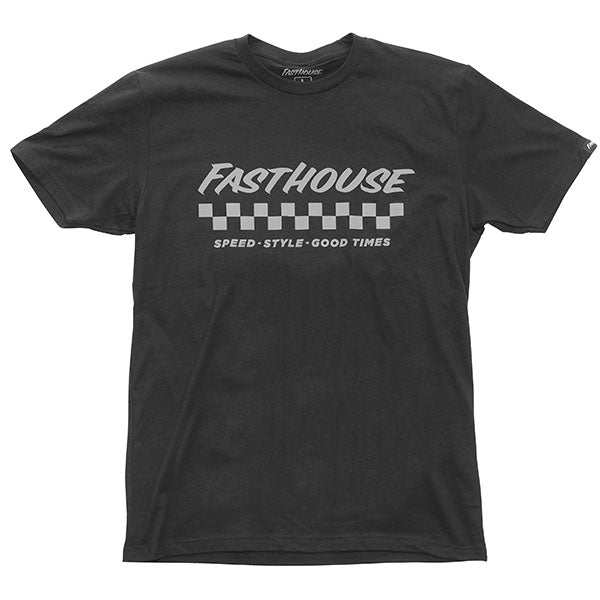 Clean studio shot of Fasthouse Apex Tee; showing tee fit, printed graphics, and crew neckline; SKU 3210171104; Colors: White, Graphite Black, Cardinal
