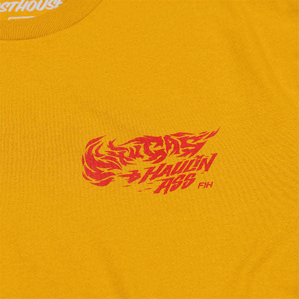 High-resolution studio image of Fasthouse Mixin Tee; showing tee fit, printed graphics, and crew neckline; SKU 3210000904; Colors: Black, Antique Gold