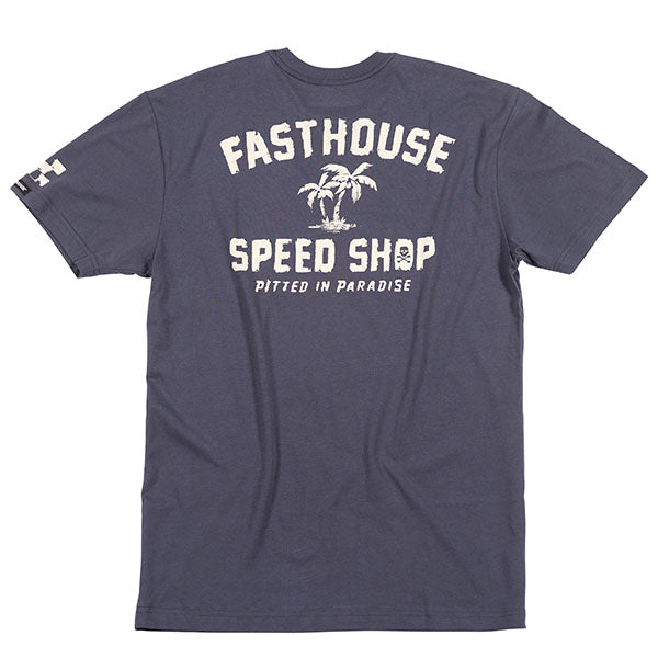 Studio photo on a white background of Fasthouse Alkyd Tee; showing tee fit, printed graphics, and crew neckline; SKU 3210000704; Sizes: S-3XL